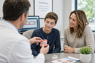 Orthodontist explaining braces treatment plan to child and parent during consultation