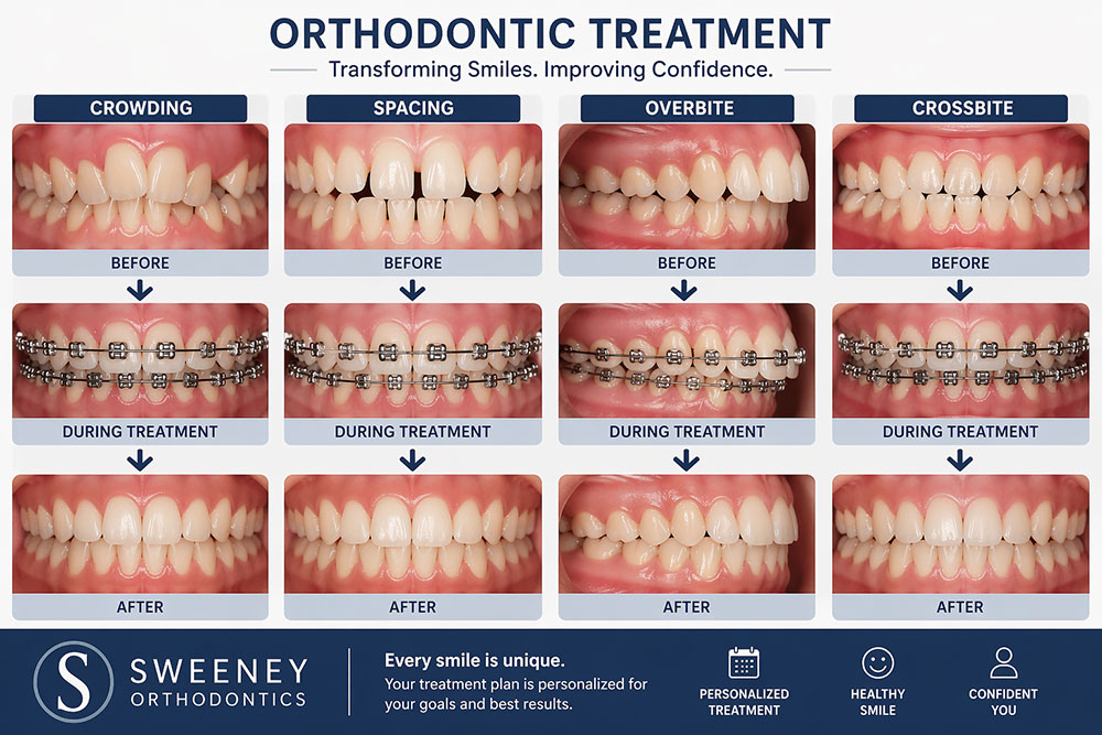 Before and after comparison of orthodontic treatment showing crowding, spacing, overbite, and crossbite correction with braces.
