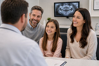Orthodontist consulting with child and parent with mixed dentition X-ray for early evaluation.